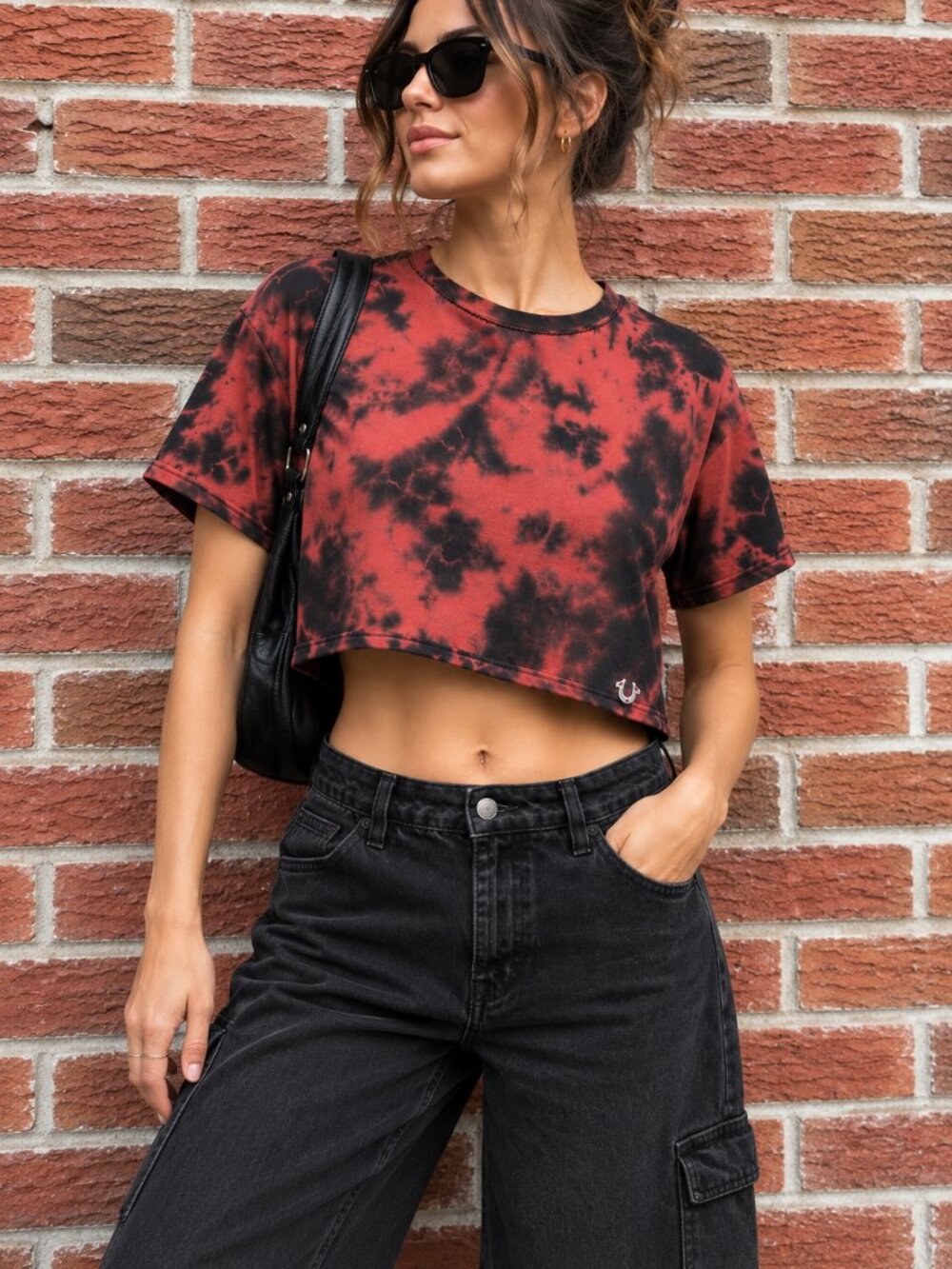 True Religion XL Red Black Tie Dye Crop Top Tee NWOT Y2K